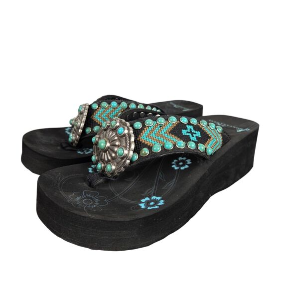 Montana West Foam Wedge Flip Flop Sandals 6 Medallion Turquoise Western Cowgirl - Picture 2 of 11